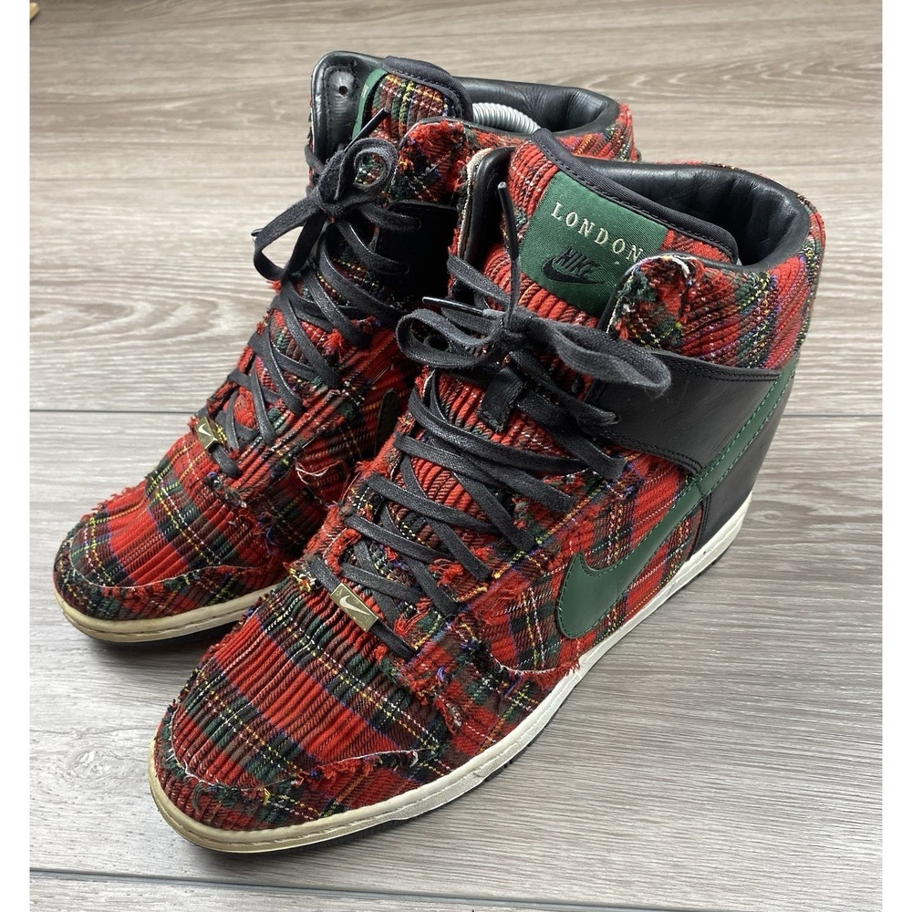 Nike Women's Dunk Sky Hi London Hidden Wedge Sneakers 598216-001 Red Plaid Sz 10 - Picture 3 of 13